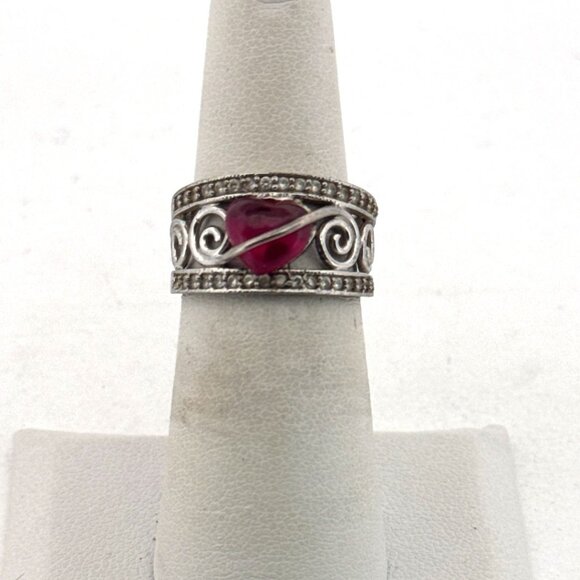 Estate Sterling Silver 925 Heart Red Stone Filigree Band Ring Size 6, 4.3g - Picture 1 of 8